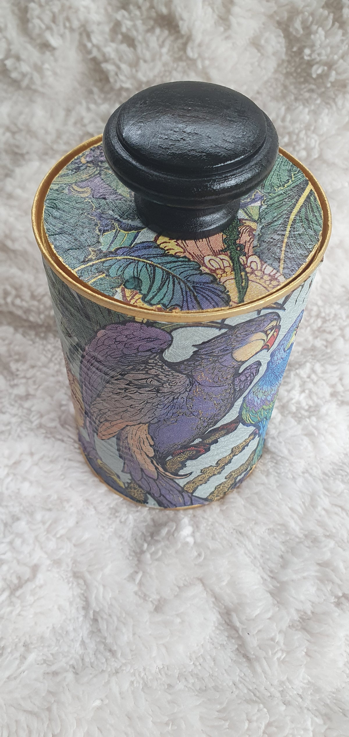 Upcycle Tin Can Desk Tidy With Lid Blue Purple Green Gold Parrots Decoupage Hand Decorated Home Decor Gift 2