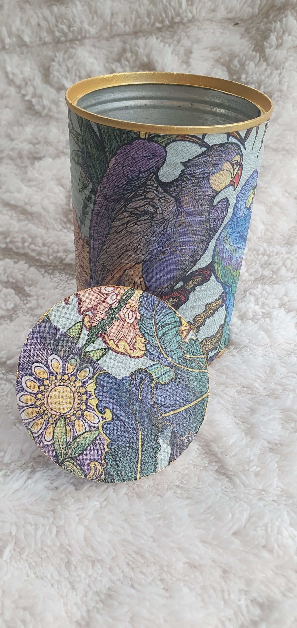 Upcycle Tin Can Desk Tidy With Lid Blue Purple Green Gold Parrots Decoupage Hand Decorated Home Decor Gift 2