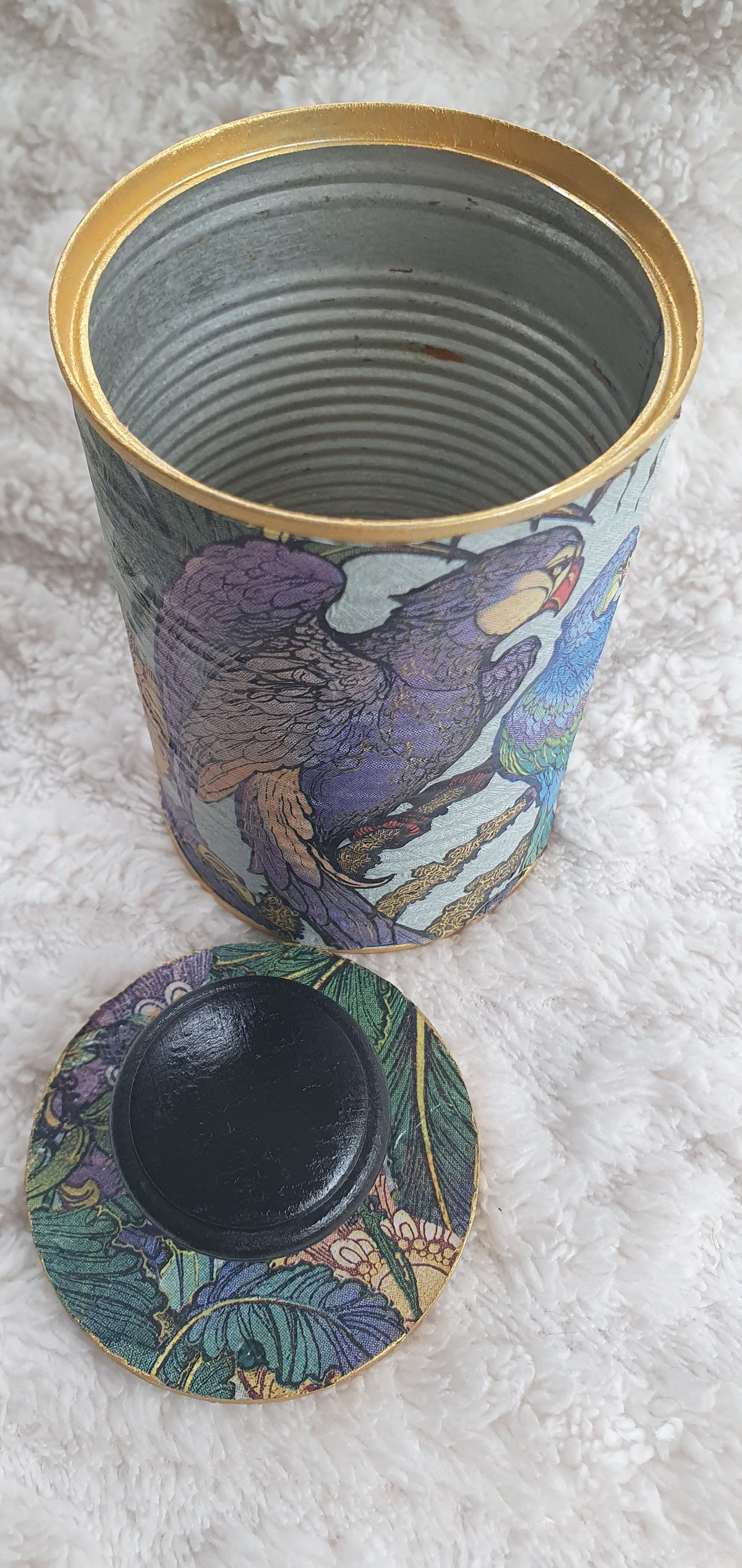 Upcycle Tin Can Desk Tidy With Lid Blue Purple Green Gold Parrots Decoupage Hand Decorated Home Decor Gift 2