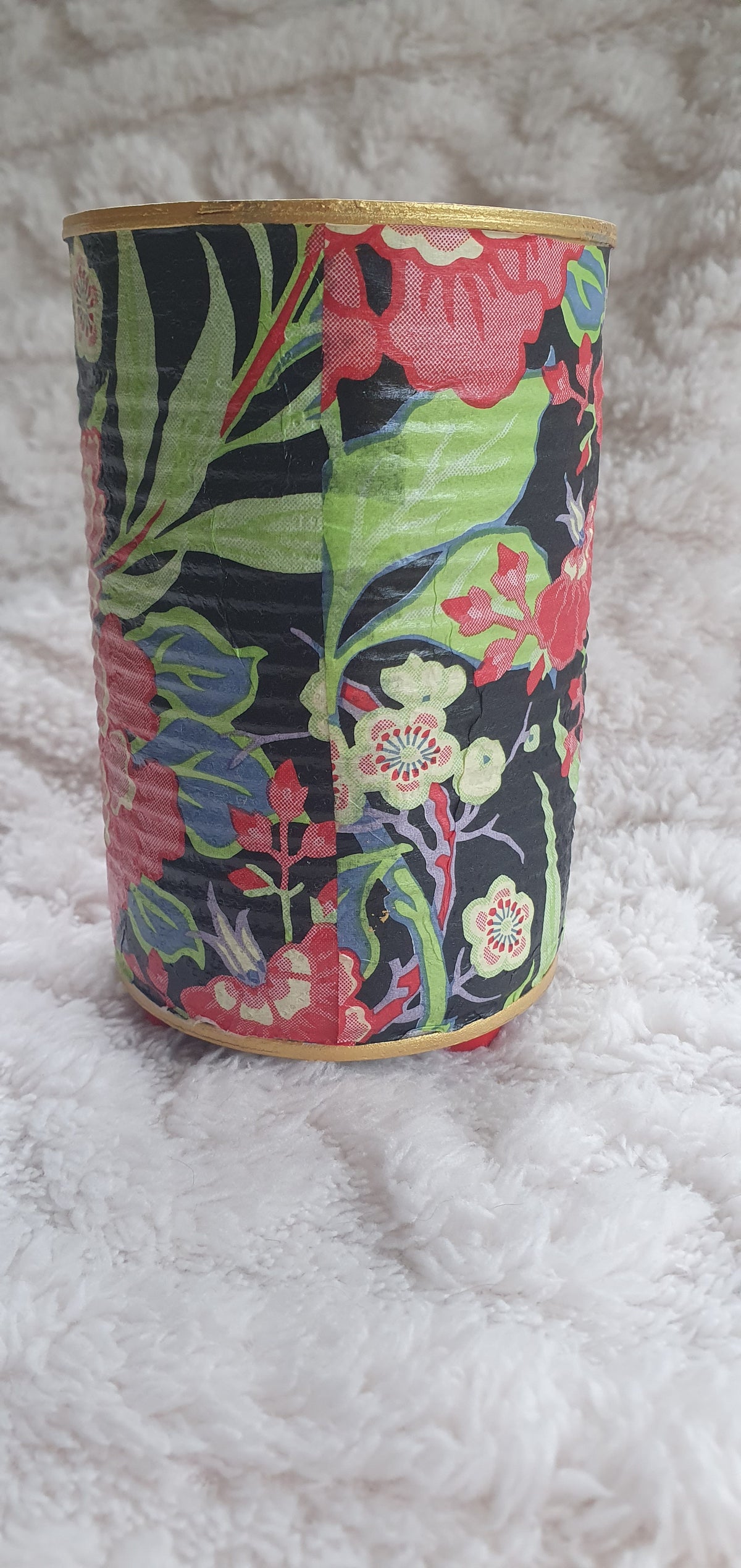 Upcycle Tin Can Planter Red Green Black Yellow Floral Decoupage Hand Decorated Home Decor Gift