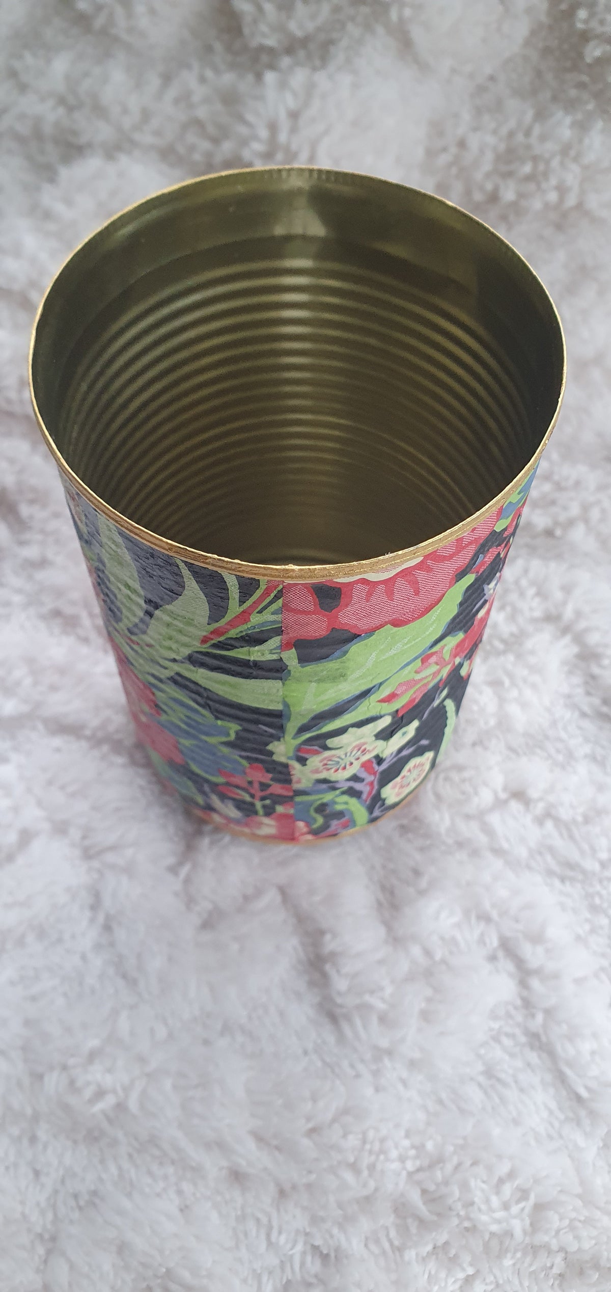 Upcycle Tin Can Planter Red Green Black Yellow Floral Decoupage Hand Decorated Home Decor Gift