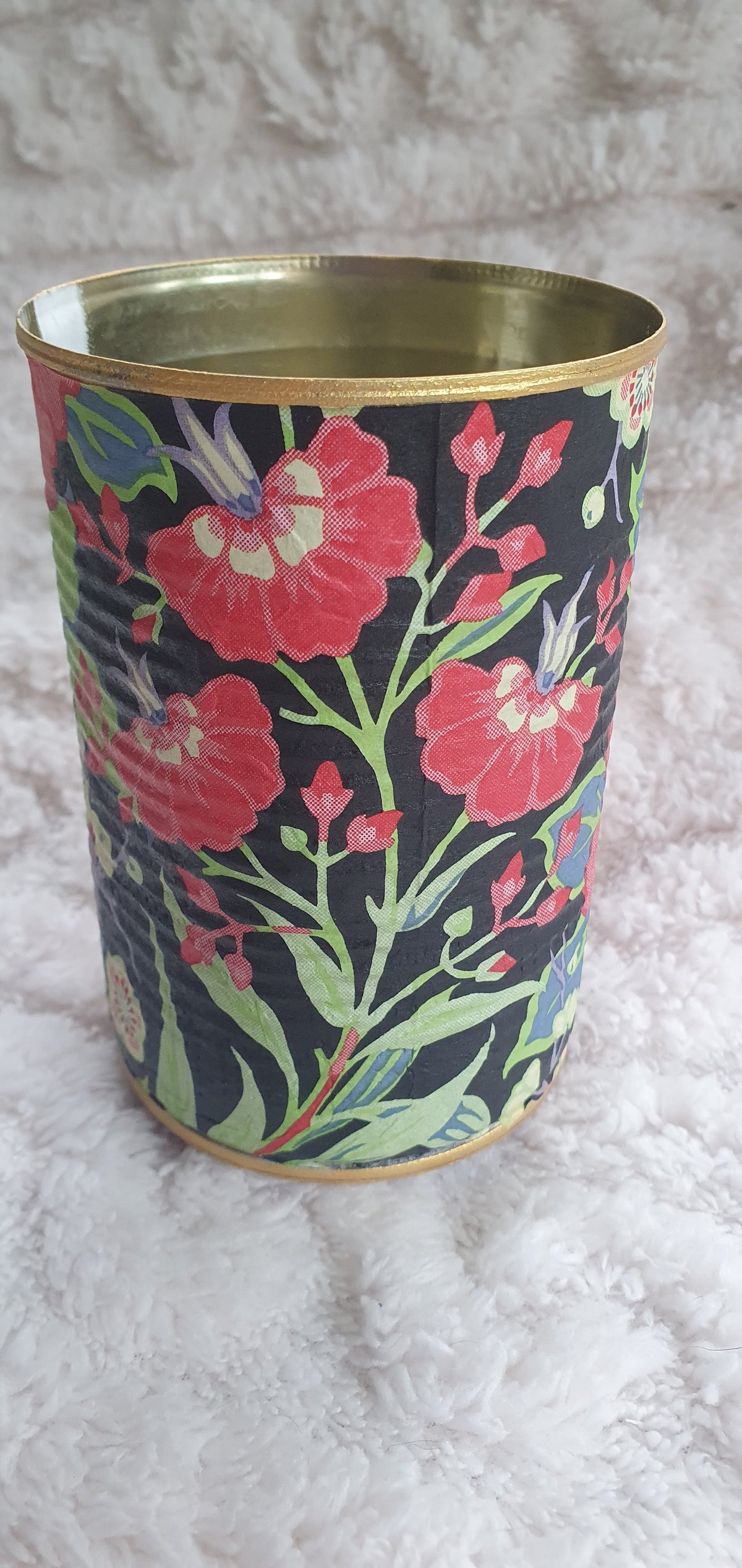Upcycle Tin Can Planter Red Green Black Yellow Floral Decoupage Hand Decorated Home Decor Gift