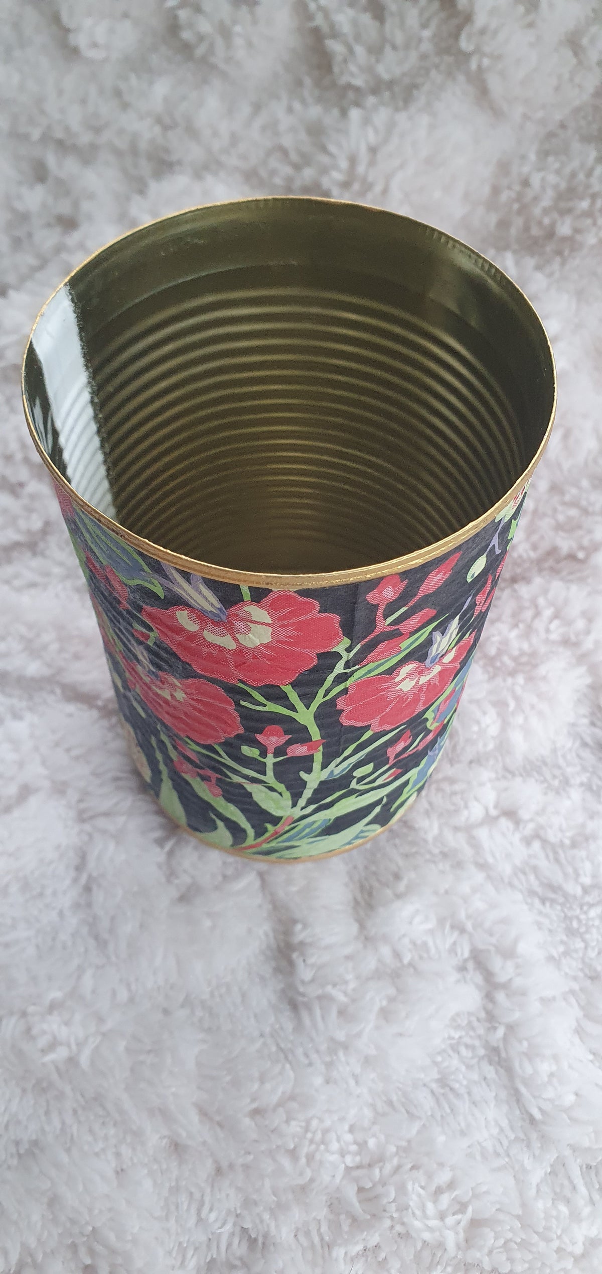 Upcycle Tin Can Planter Red Green Black Yellow Floral Decoupage Hand Decorated Home Decor Gift