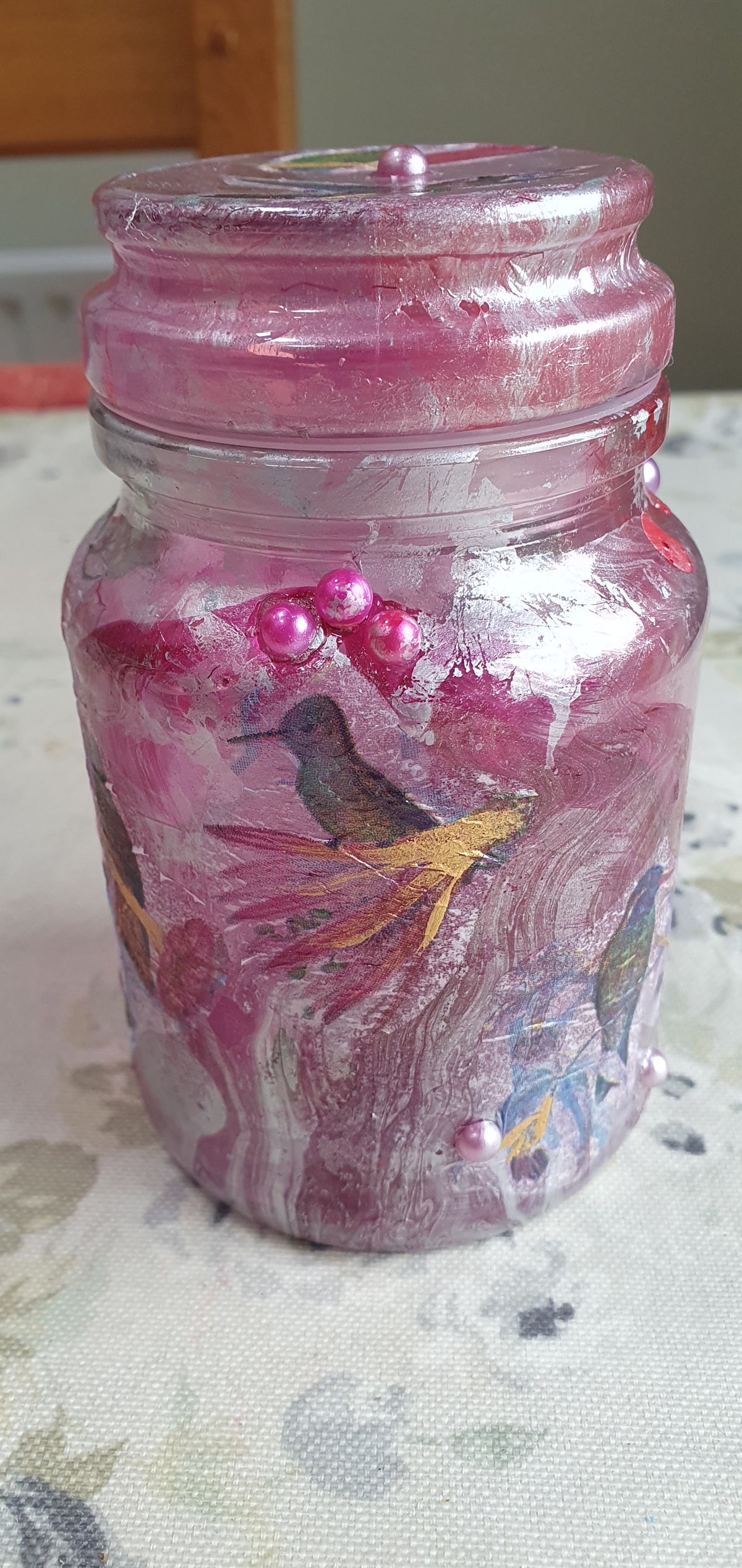 RESERVED FOR ANGELA Small Pink Silver Hummingbirds Hand Decorated Candle Storage Jar With Lid Home Decor Gift