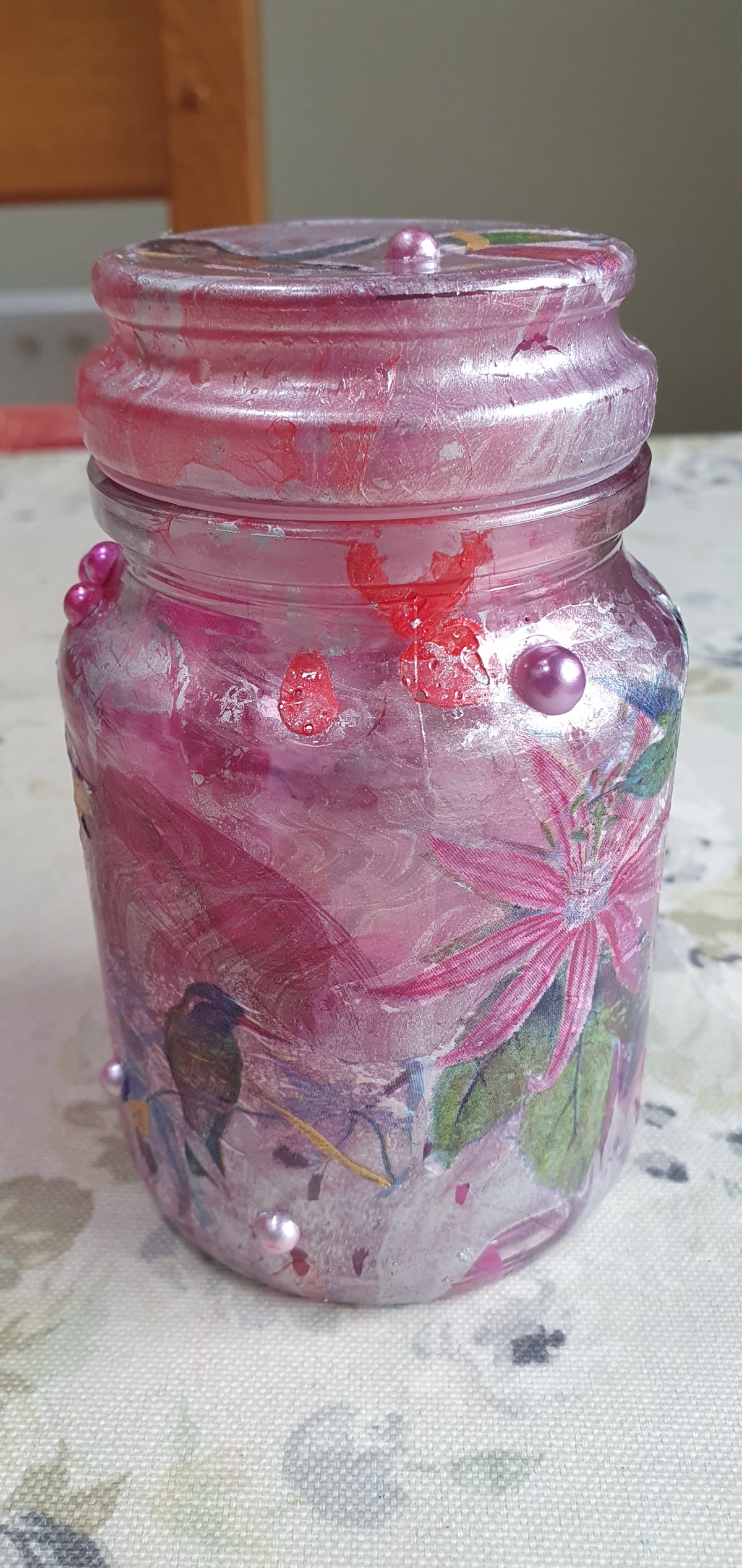 RESERVED FOR ANGELA Small Pink Silver Hummingbirds Hand Decorated Candle Storage Jar With Lid Home Decor Gift