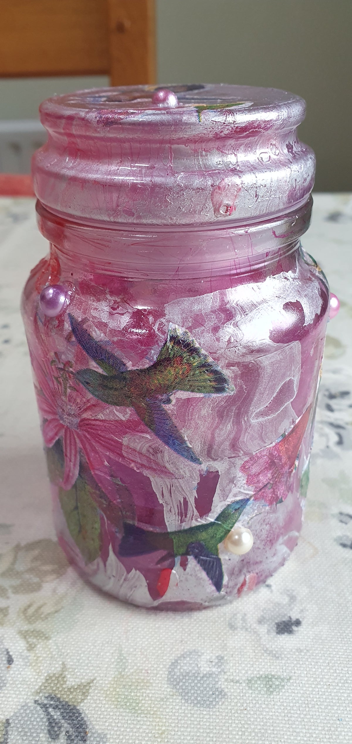 RESERVED FOR ANGELA Small Pink Silver Hummingbirds Hand Decorated Candle Storage Jar With Lid Home Decor Gift