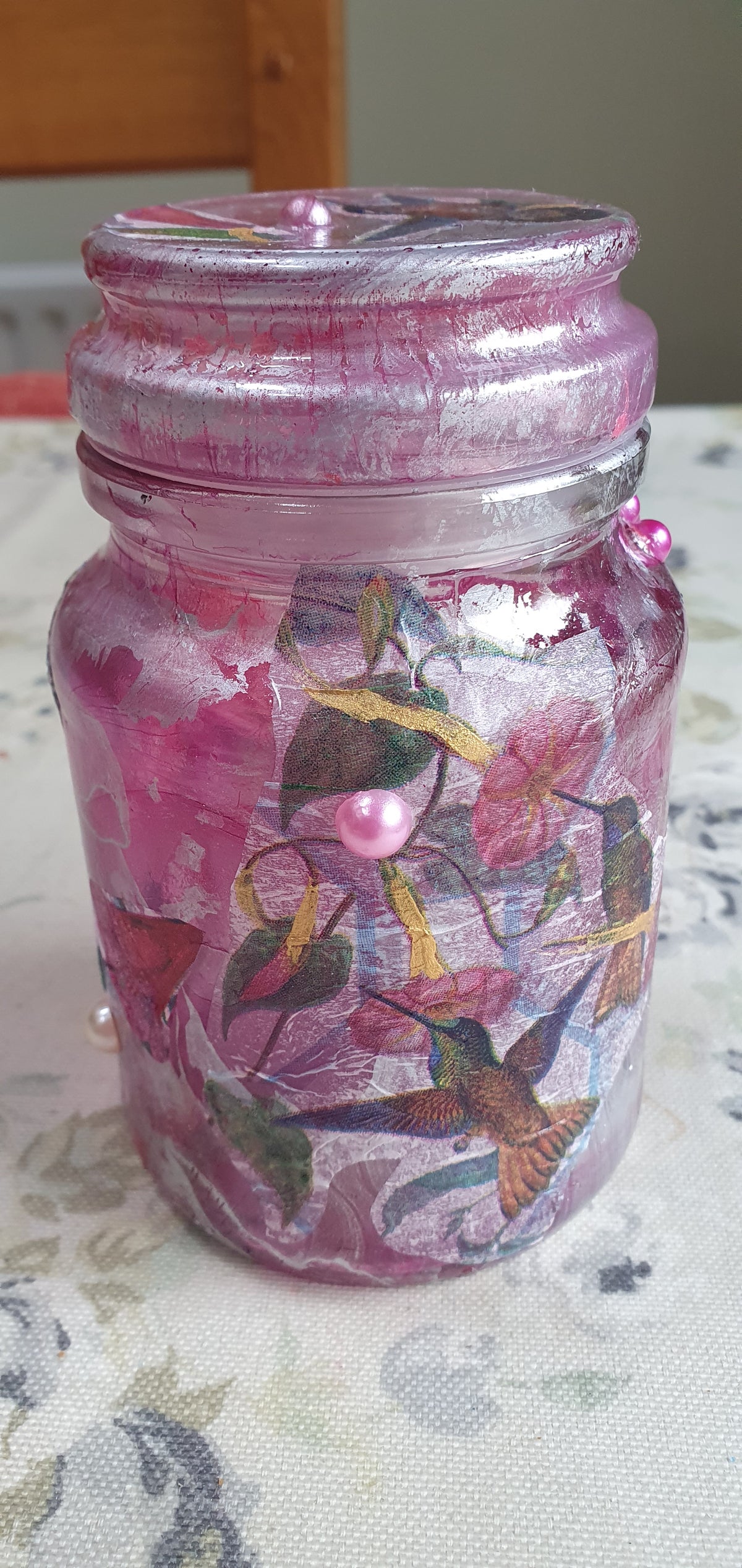 RESERVED FOR ANGELA Small Pink Silver Hummingbirds Hand Decorated Candle Storage Jar With Lid Home Decor Gift