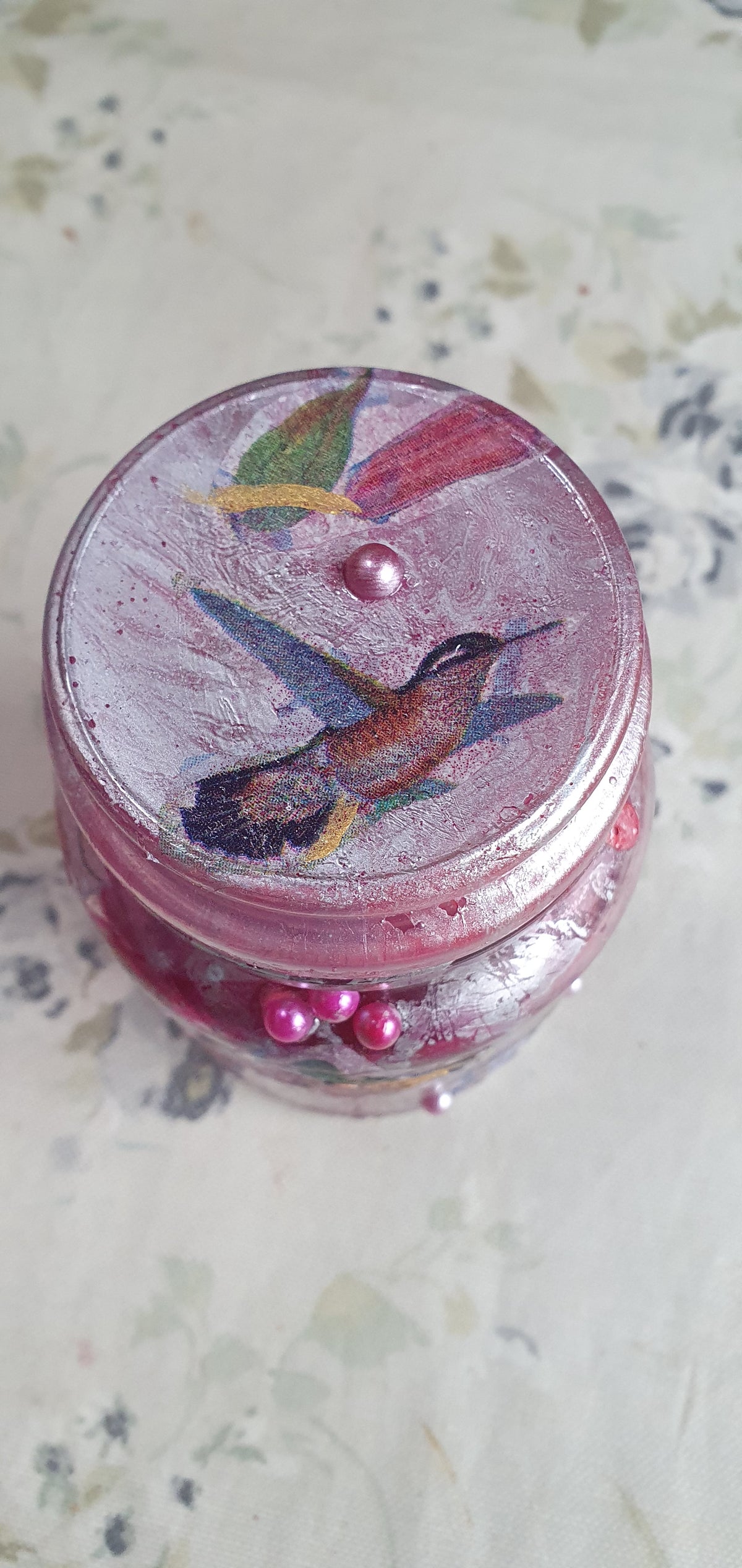 RESERVED FOR ANGELA Small Pink Silver Hummingbirds Hand Decorated Candle Storage Jar With Lid Home Decor Gift