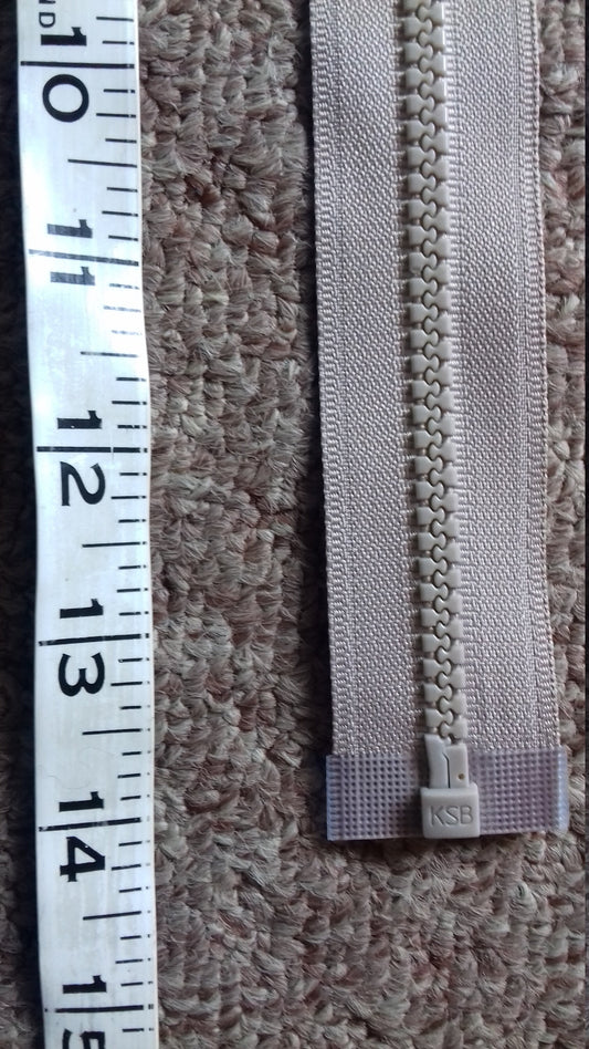 Beige 14 inch zip (35.5cm) chunky heavy separating, open ended plastic