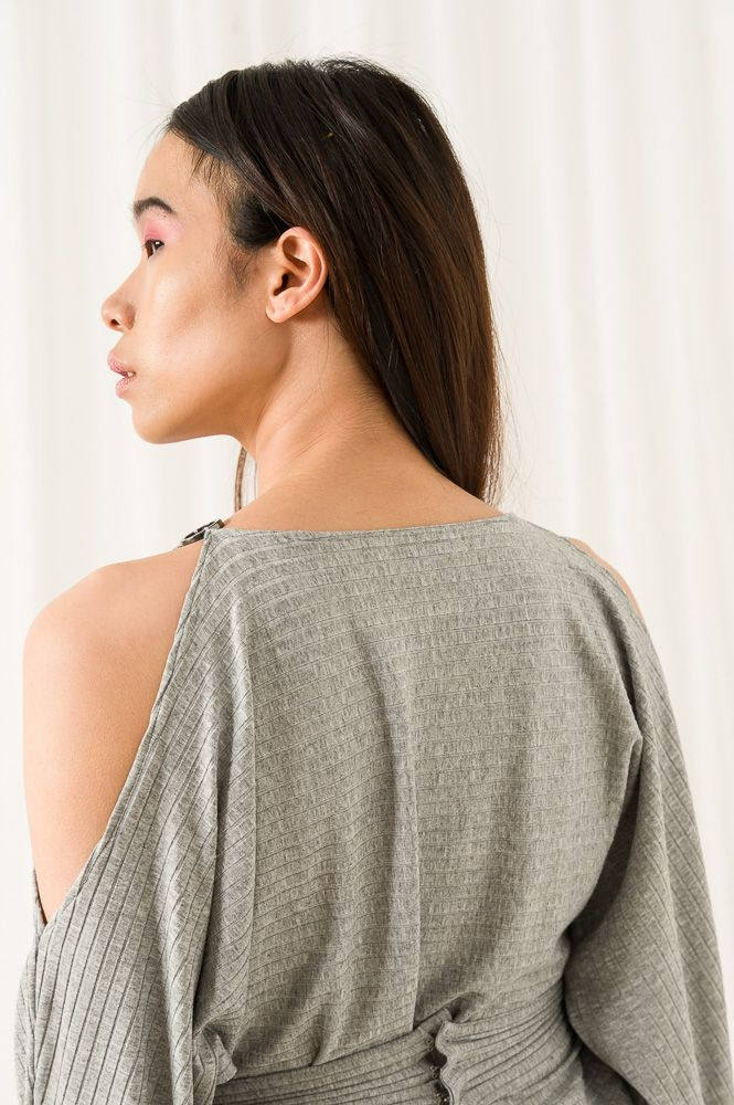 Grey Belted Keyhole Batwing Cold Shoulder Jersey Top