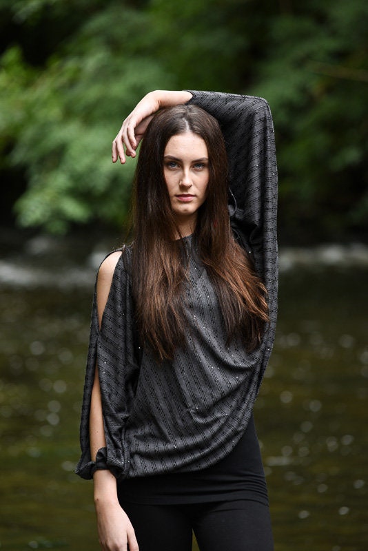 Grey Soft Sequin Jersey Batwing Open Sleeve Top