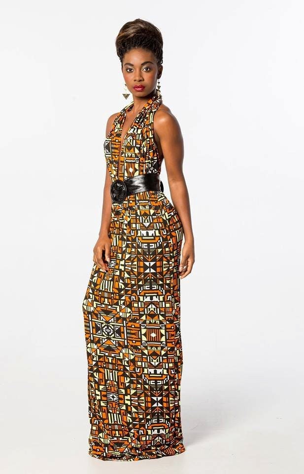 Halterneck Geometric Black Orange Yellow Pattern Dress