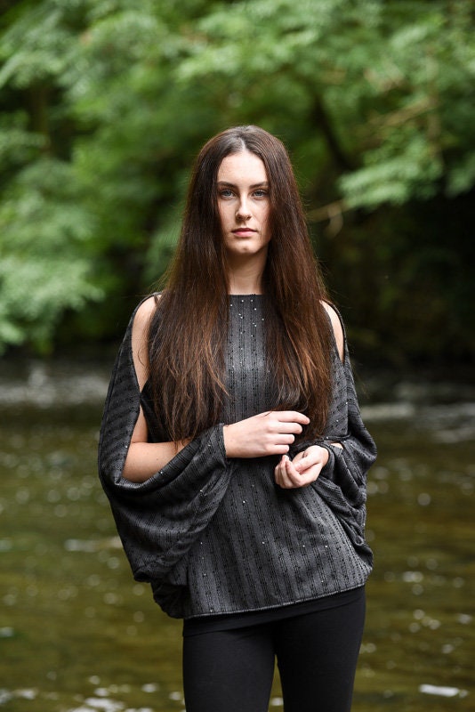 Grey Soft Sequin Jersey Batwing Open Sleeve Top