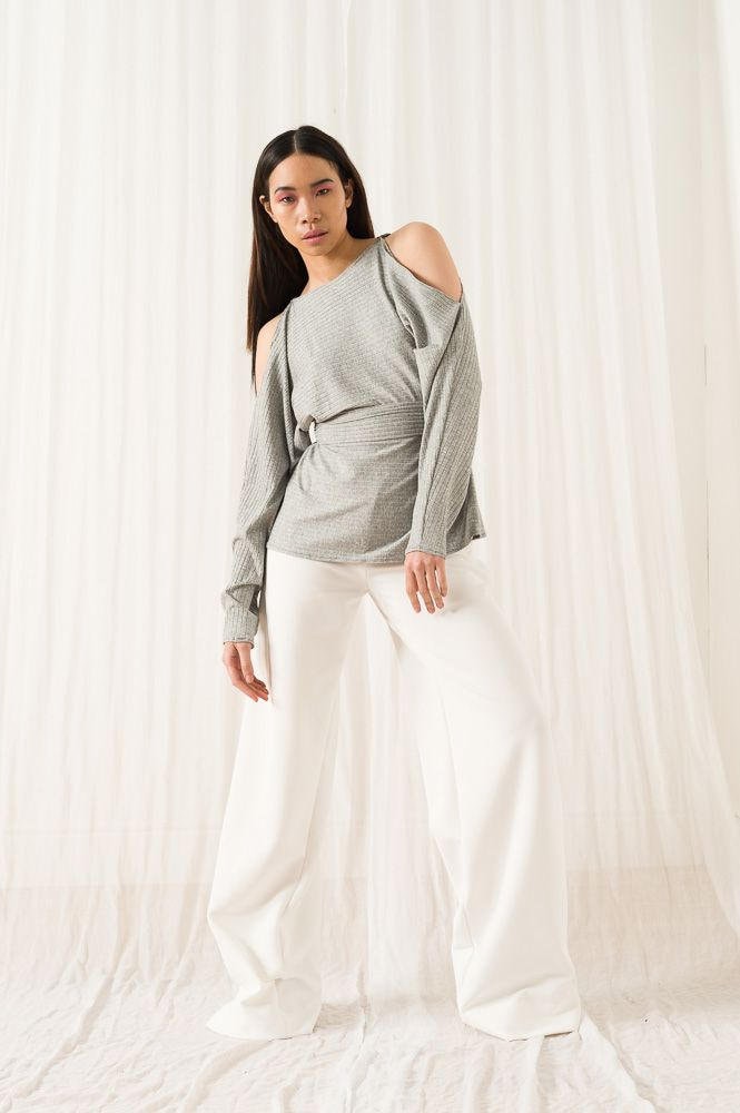 Grey Belted Keyhole Batwing Cold Shoulder Jersey Top