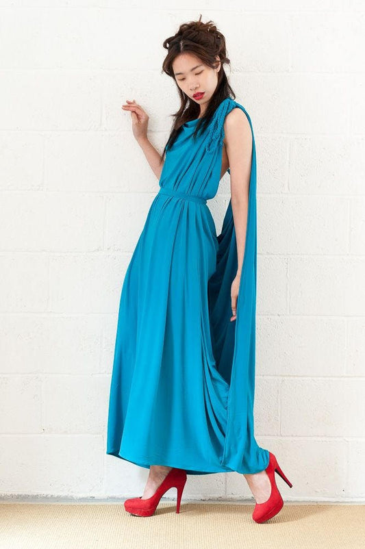 Sky Blue Backless Grecian Drape Dress