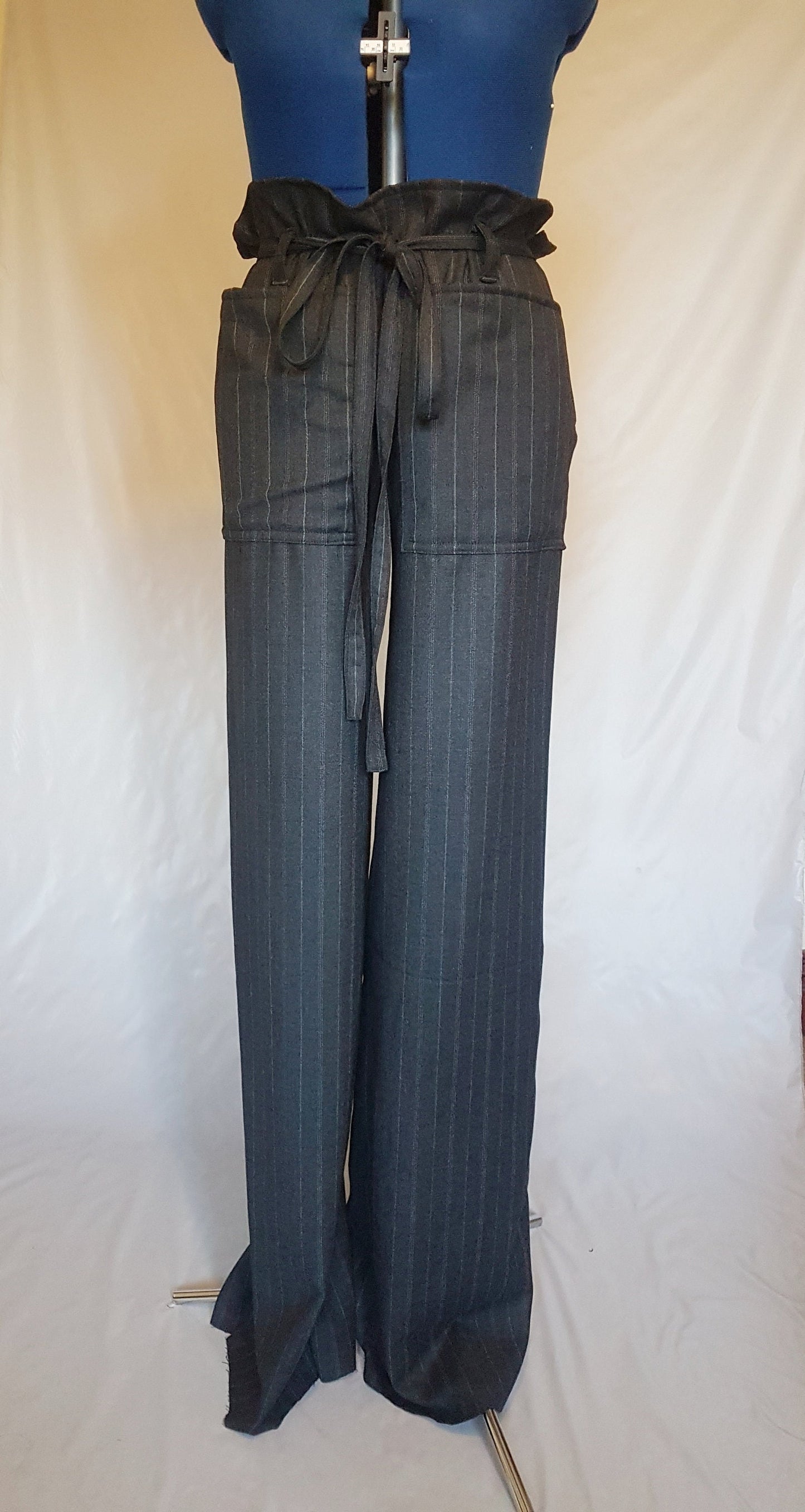 Pinstripe Grey Wide Leg Retro Trousers Pockets