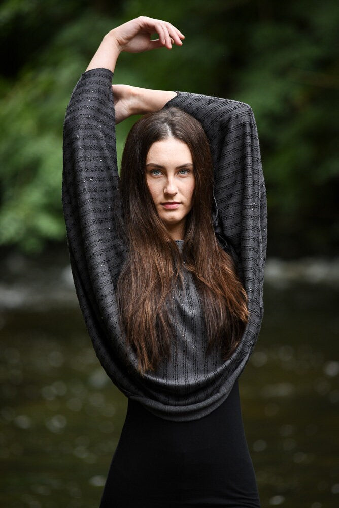 Grey Soft Sequin Jersey Batwing Open Sleeve Top