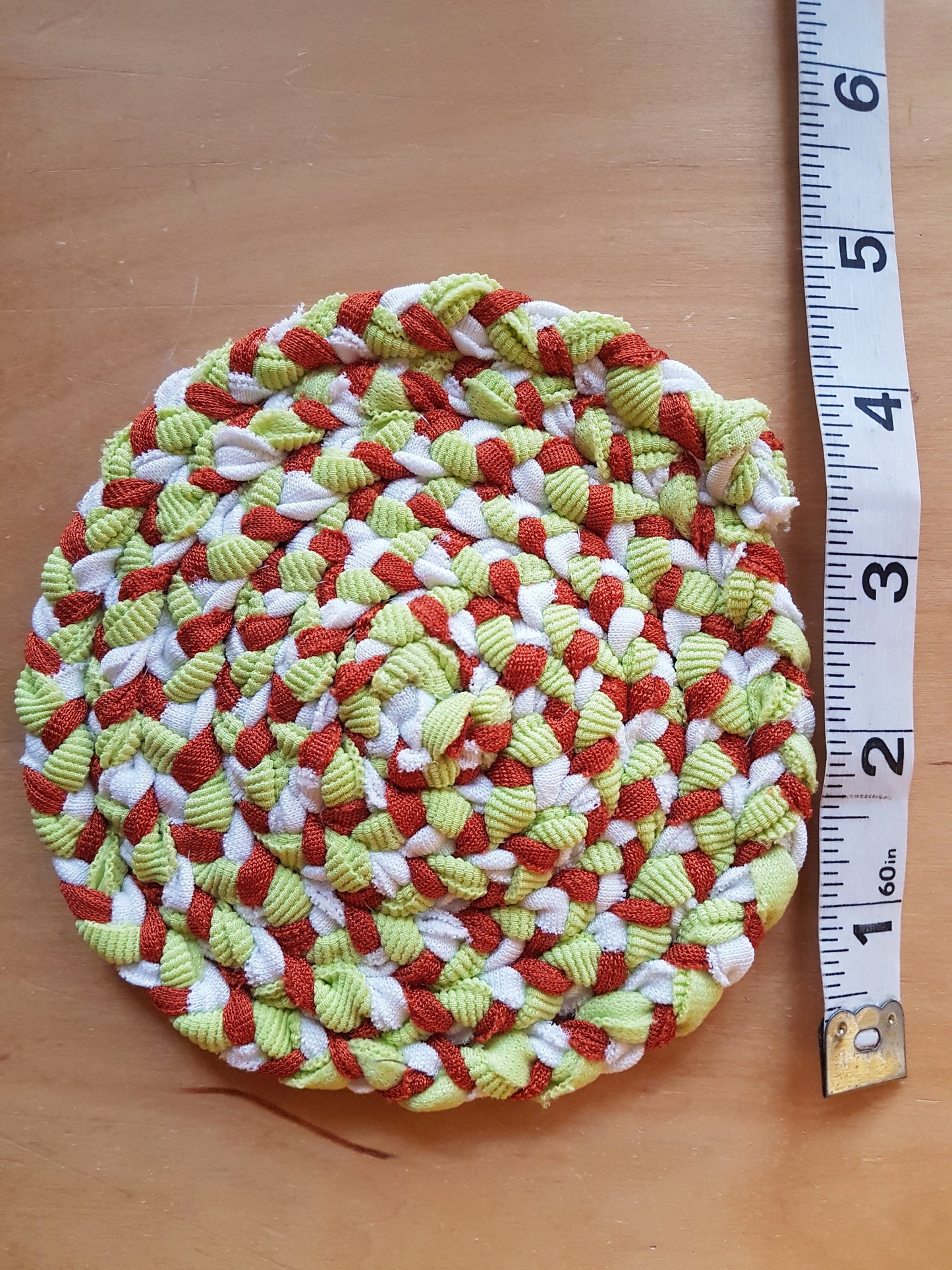 Handmade Coaster Burnt Orange White Lime Green