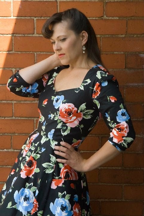 Rockabilly Black Floral Pinup Dress With Pockets