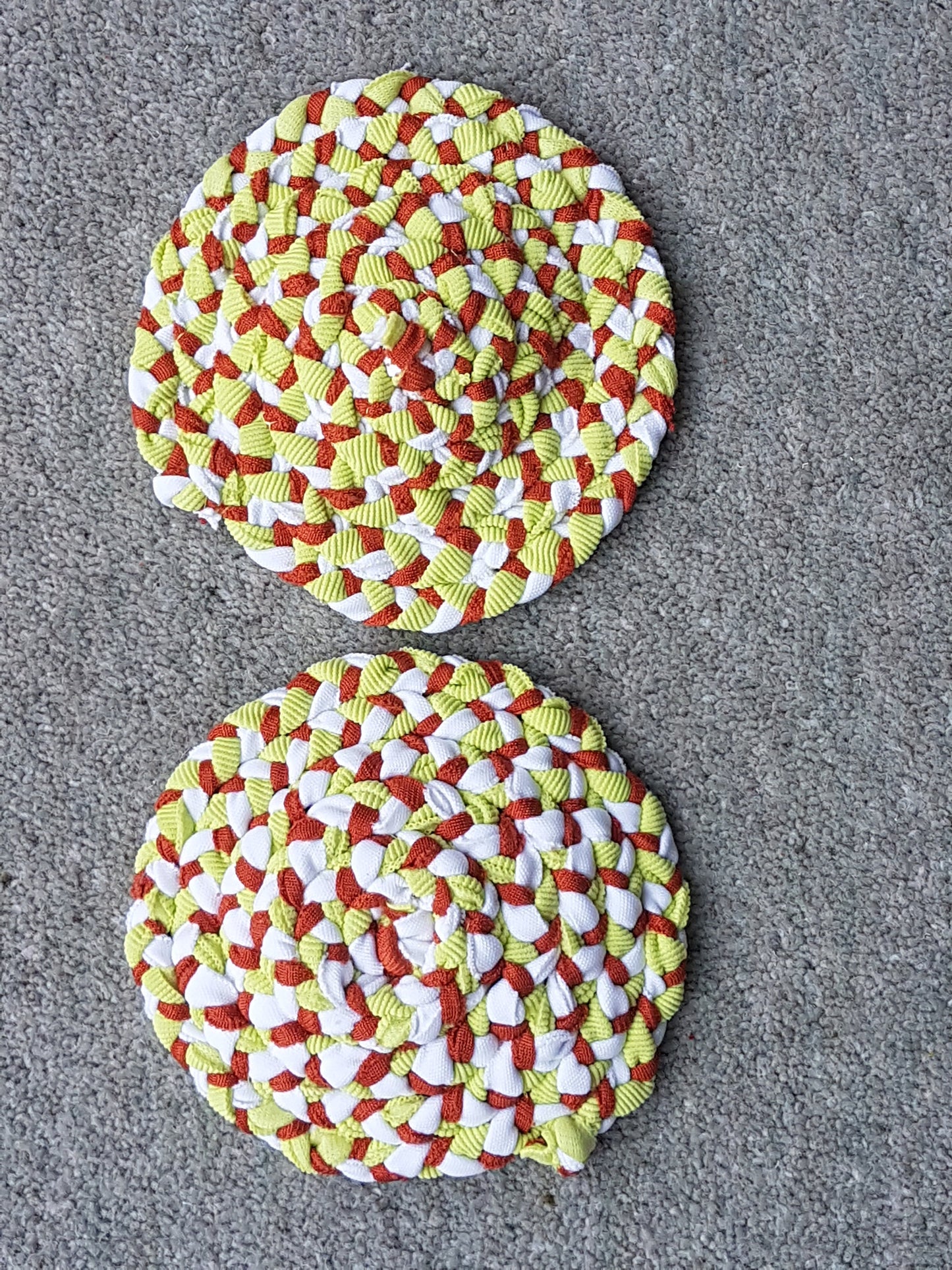 Handmade Coaster Burnt Orange White Lime Green