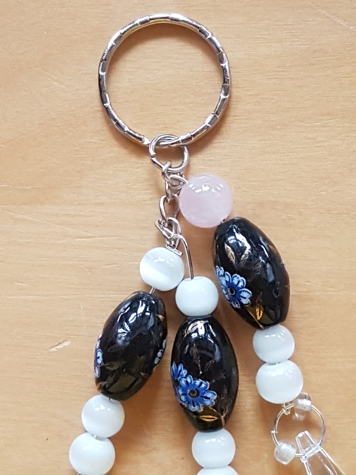 Black, Blue, Floral, White, Bead Keychain