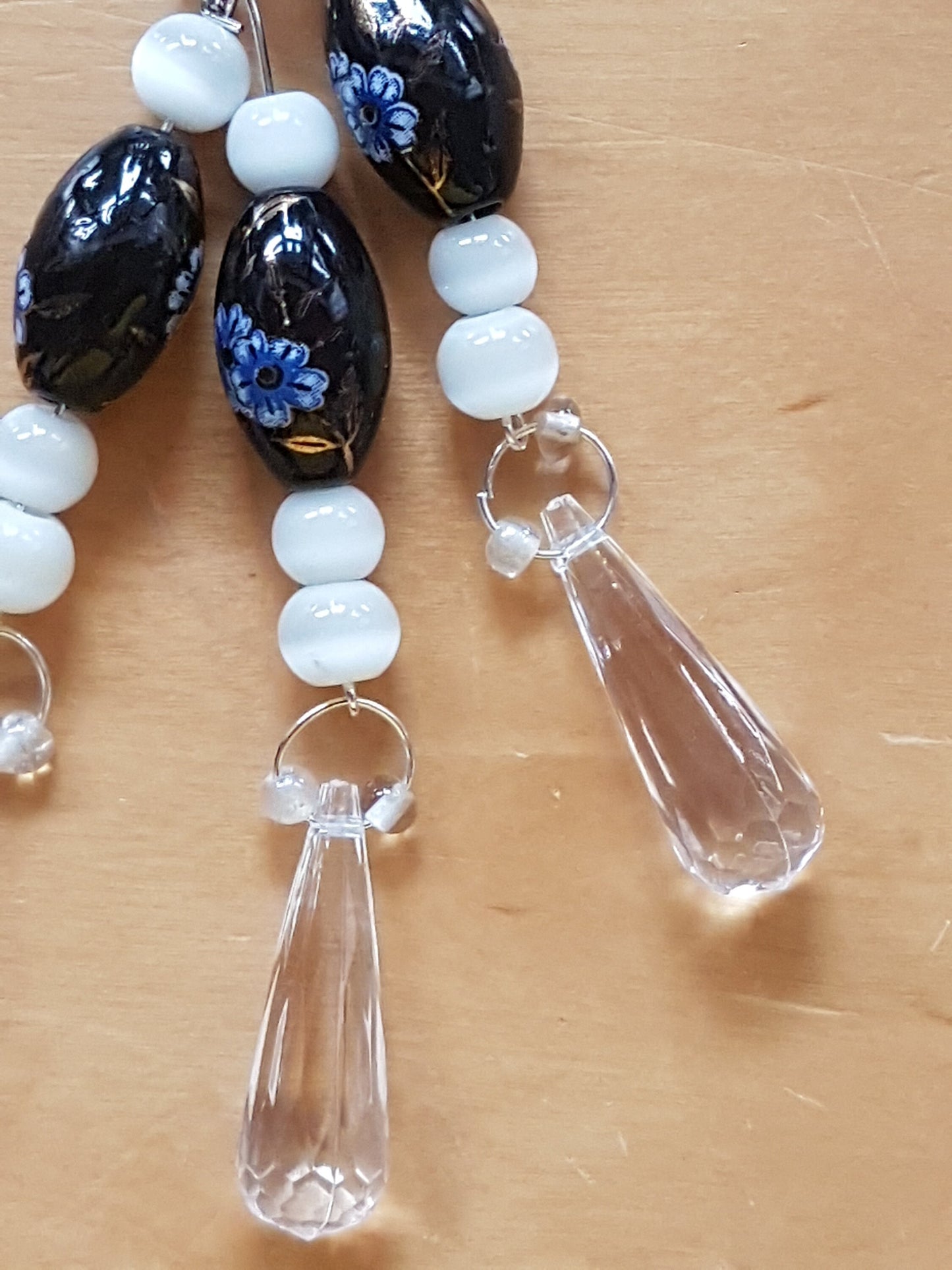 Black, Blue, Floral, White, Bead Keychain