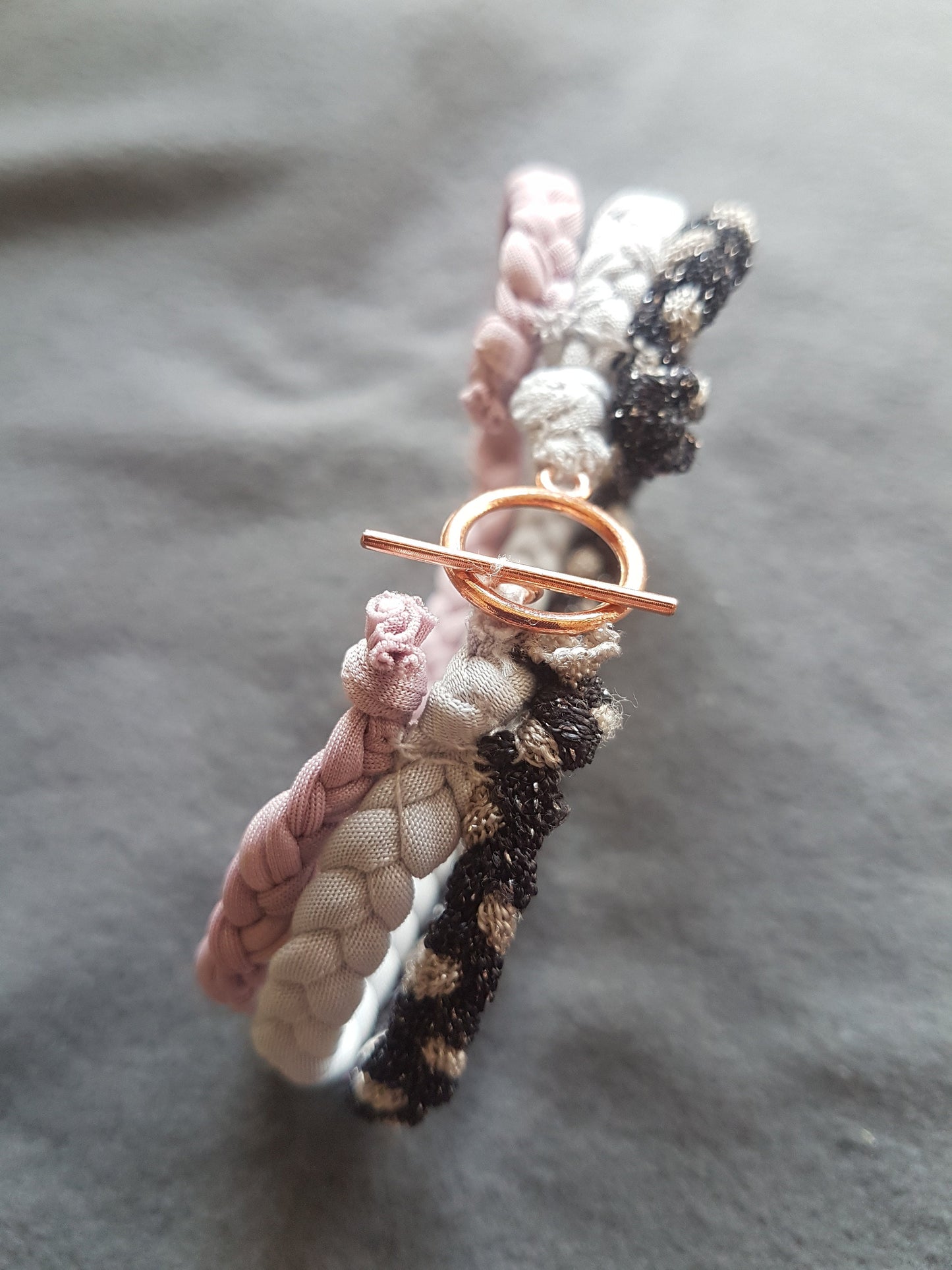 Grey Pink Purple Fabric Rose Gold Bracelet