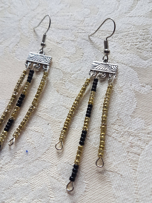 Gold Black Seed Bead Earrings