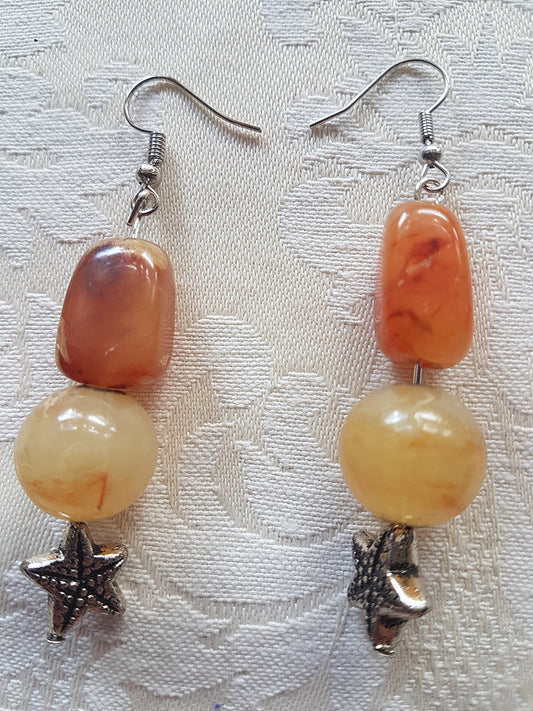 Brown Orange Starfish Silver Bead Earrings