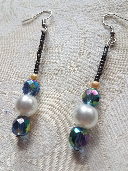 Blue Grey Ivory Silver Bead Earrings