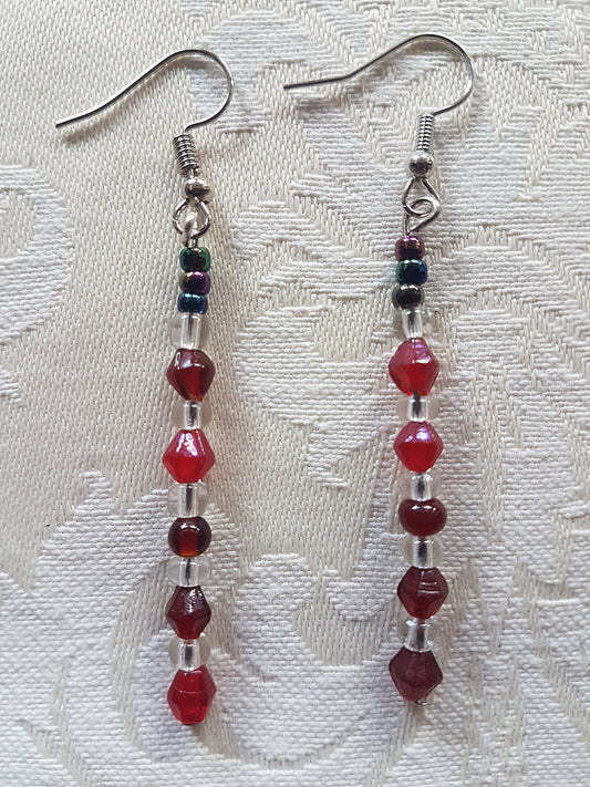 Red, Clear Bead Silver Dangle Earrings