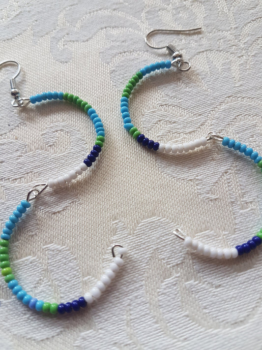 Blue Green White Seed Bead Earrings