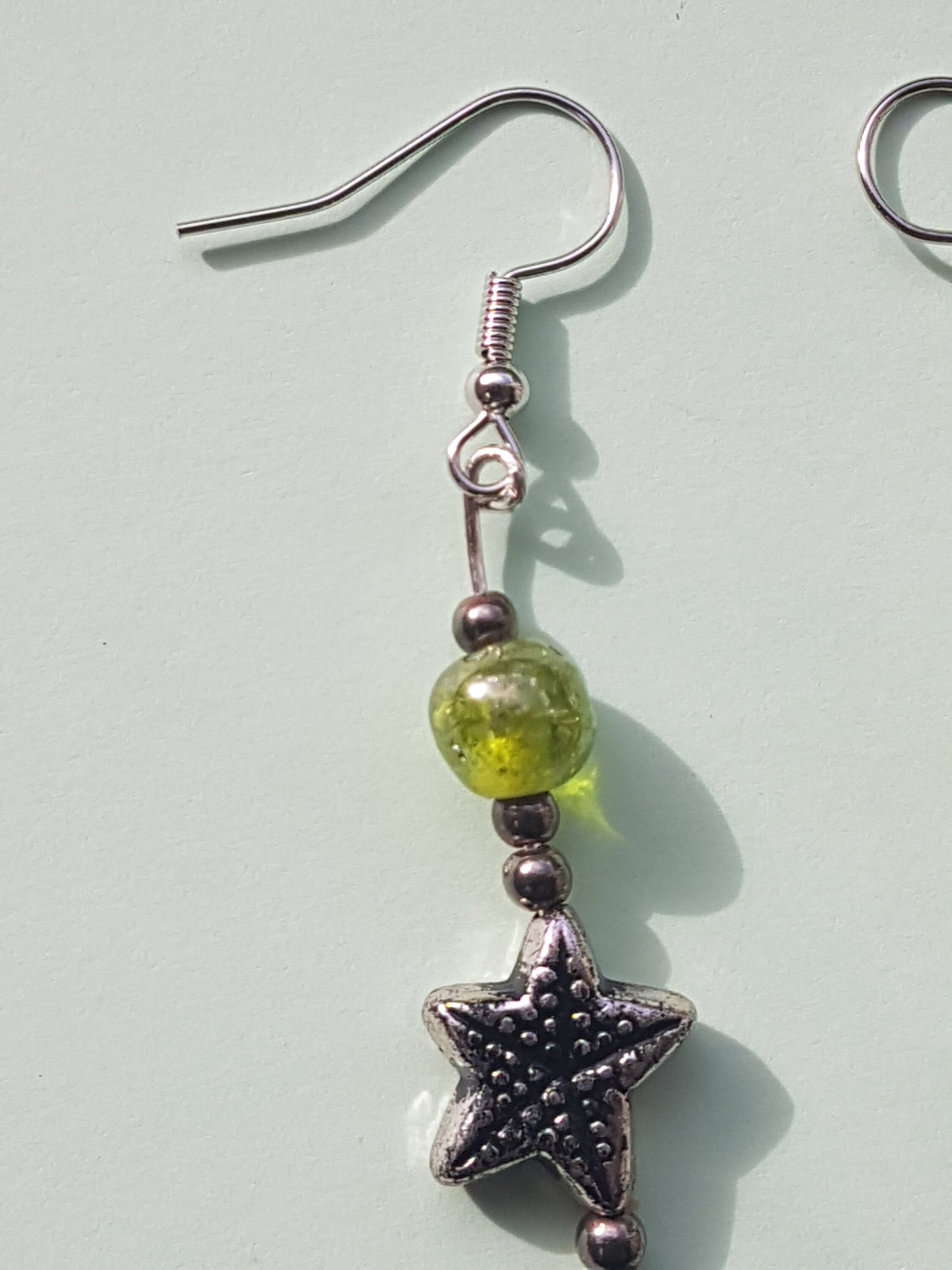Green Bead Silver Starfish Shell Earrings