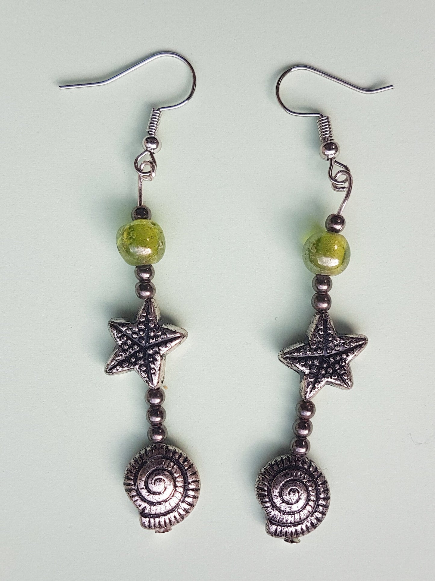 Green Bead Silver Starfish Shell Earrings