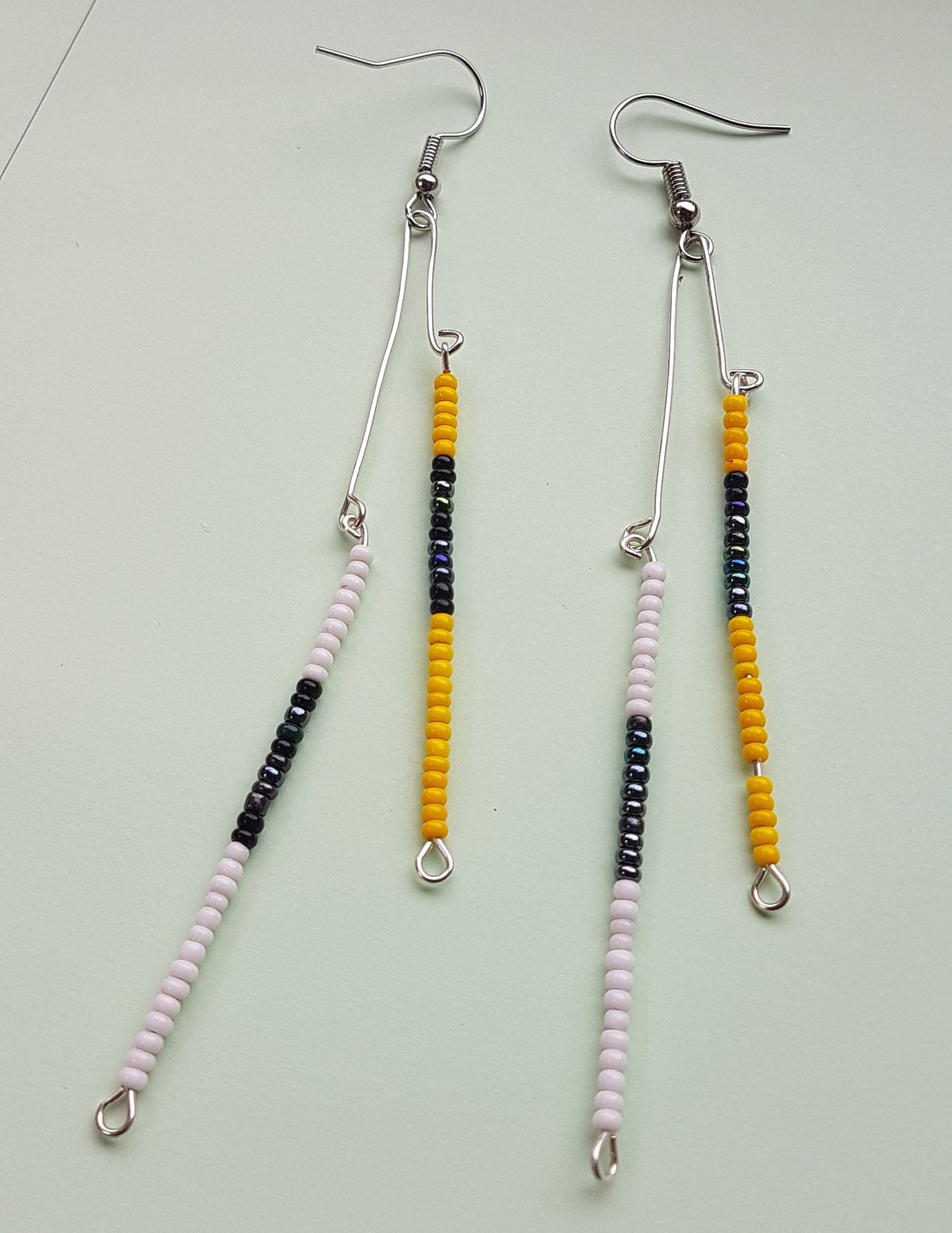Black White Yellow Bead Silver Earrings